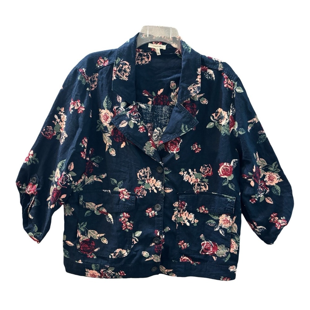 Maurices Floral Shacket Jacket Linen Blend XL Navy Blue Rose Print Roll Tab Top